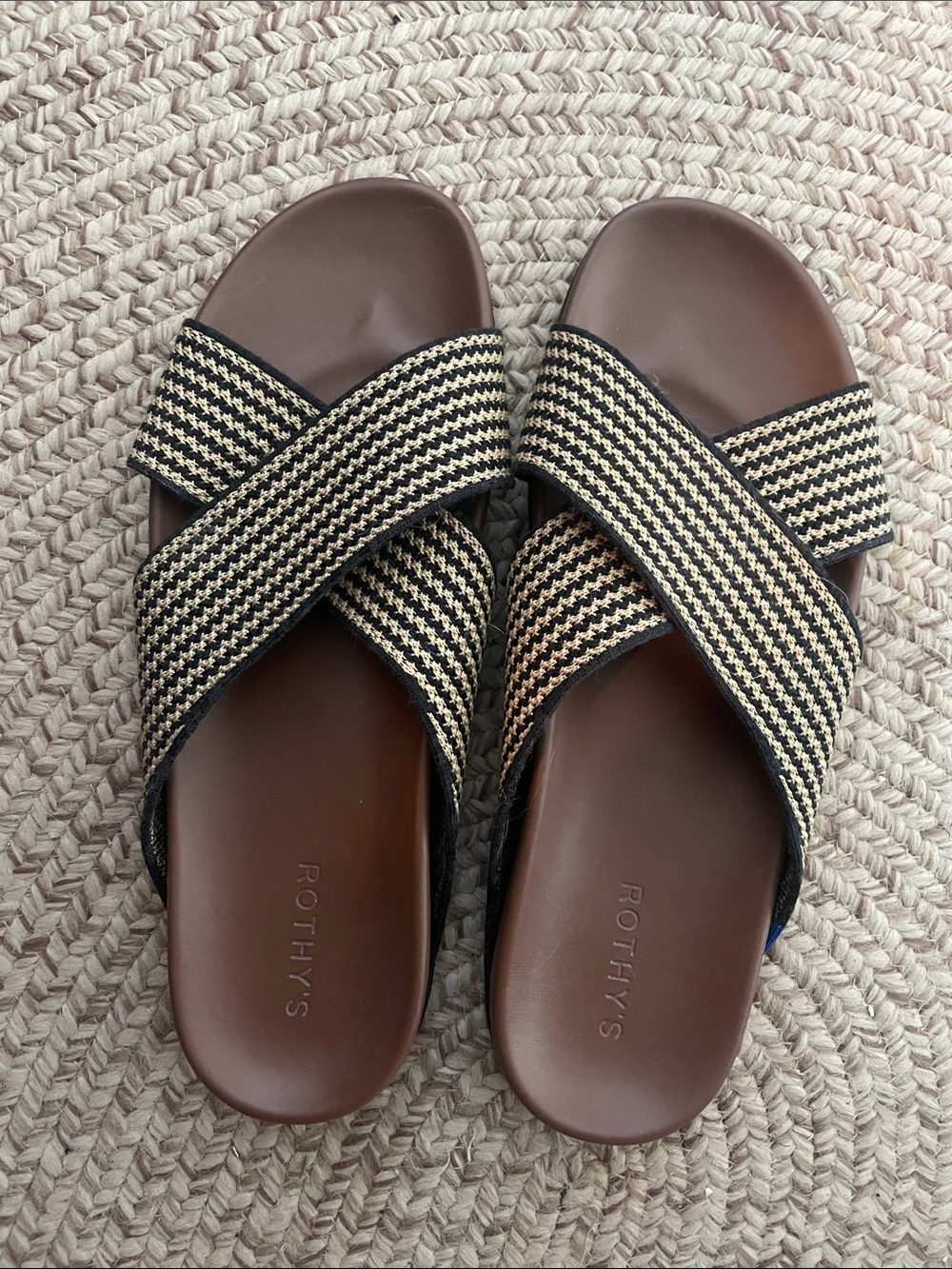 Rothy's Brown Footbed Sandals with Black & Natural Woven Cross Straps